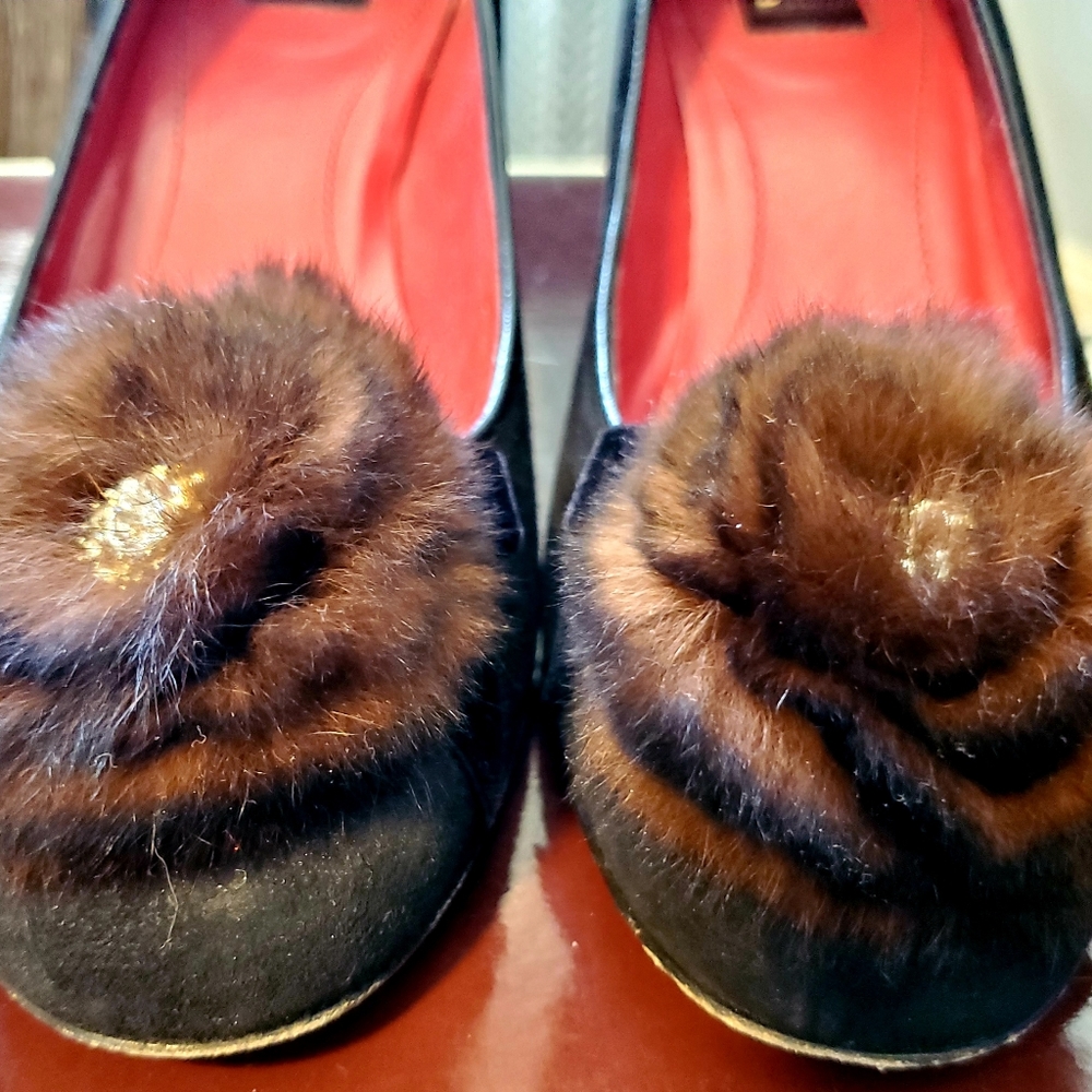 COACH Black Suede Kitten Heels, Fur Detail, Size 9